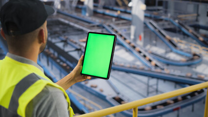 Male in a High Visibility Vest Using Tablet Computer With a Mock Up Display. Multiethnic Man Working in a Modern Large Logistics Center with Automated Belt Conveyors for Sorting Packages
