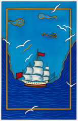 Decorative miniature-style sailing ship illustration with sea and birds. Colorful hand-drawn illustration in miniature art style, featuring a traditional sailing ship framed by a golden border.