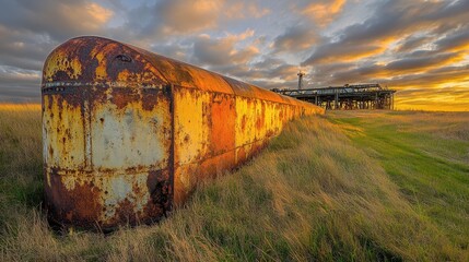 Obraz premium Rusty Metal Object Against Dramatic Sunset Clouds in Landscape