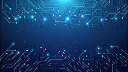 Obraz premium Circuit board pathways glowing blue nodes interconnected lines dark blue background technology digital
