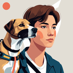 Young person with dog looking thoughtfully in modern illustration  