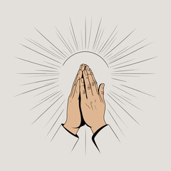 Praying hands with rays of light on neutral background  