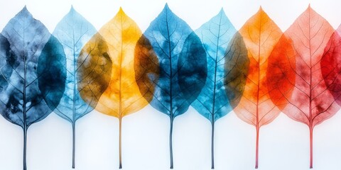 Row of blue, yellow, and orange leaves offers a colorful gradient effect, highlighting natural diversity and harmony.