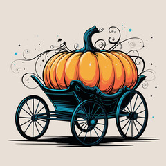Pumpkin on decorative carriage with whimsical design elements  
