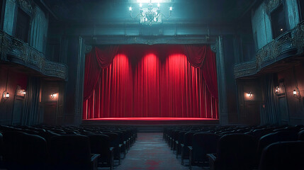 Presenting a dimly lit empty movie theater and stage, with red curtains drawn, observed from the rear over rows of unoccupied seats