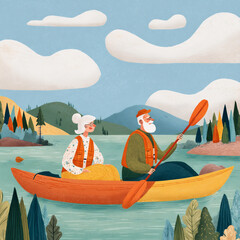 Obraz premium Elderly couple enjoys kayaking on a tranquil lake surrounded by colorful trees in a picturesque landscape