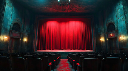 Presenting a dimly lit empty movie theater and stage, with red curtains drawn, observed from the rear over rows of unoccupied seats