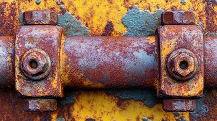 Rusty Metal Pipe with Bolts and Textured Orange Background