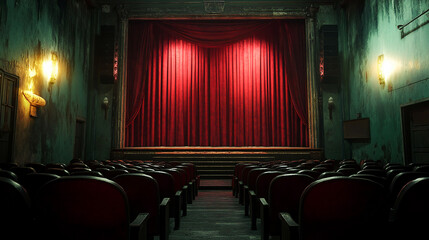Presenting a dimly lit empty movie theater and stage, with red curtains drawn, observed from the rear over rows of unoccupied seats
