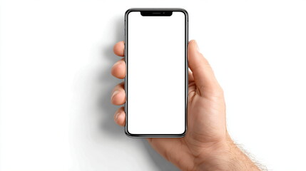 Man holding vertically oriented smartphone with blank white screen for mock-up. Concept of mobile application and digital technology device.