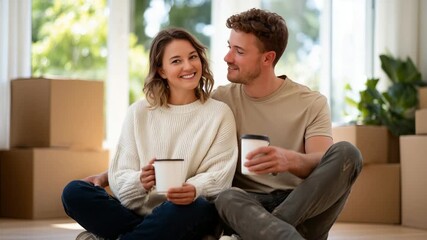 A couple celebrates their new home, sitting among moving boxes with keys and coffee mugs, as sunlight streams through large windows. - Powered by Adobe
