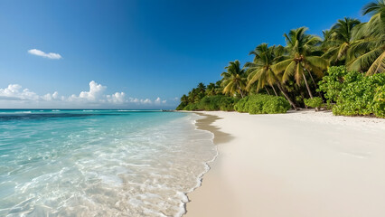 Fototapeta premium Tropical beach scene featuring white sand, turquoise water, and lush palm trees under a bright blue sky.