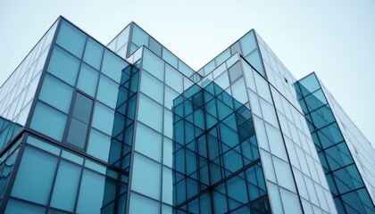 Obraz premium Architectural Mosaic Modern Building Facade with a Dynamic Arrangement of Blue and Silver Rectangular Panels Under a Bright Sky