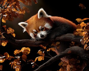 A close-up of a red panda resting on a tree branch, surrounded by autumn leaves, showcasing its vibrant fur.