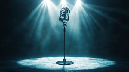 Realistic vector metallic microphone stands are positioned on an empty round white stage illuminated by white beams of spotlights isolated on a dark background This serves as a template