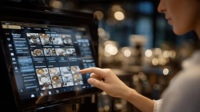 Experience a sleek, multi-language touchscreen coffee vending machine offering espresso and cappuccino options with a glossy, reflective design.