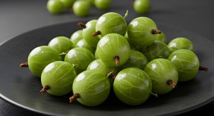 Fresh Gooseberries Arranged on Matte Black Plate: Subtle Green Highlights and Elegant Composition Showcase the Unique Texture and Vibrant Color of This Tart Fruit in Modern Food Photography