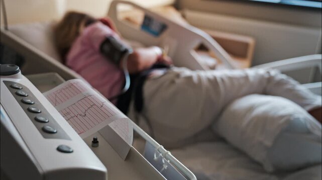 Close-up of a fetal monitor in a doctor's office, displaying fetal heart rate and uterine contraction data during a prenatal check-up with a blurred view of a pregnant woman lying in a hospital bed