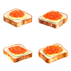 Set of toasted bread slices with butter and red caviar on transparent background