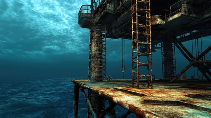 Rusty Oil Platform Underwater with Ocean Waves in Blue Light