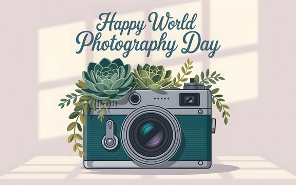 Happy world photography day with vintage camera and succulents