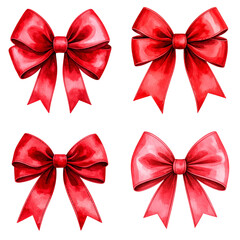 Set of watercolor red bows with transparent background