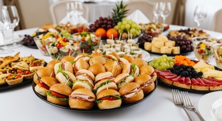 Fototapeta premium Abundant gourmet catering spread with delicious mini burgers, fresh salads, fruit, and charcuterie creating an inviting celebratory feast.
