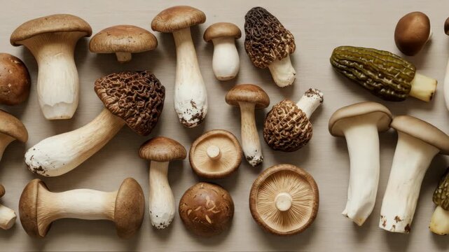 A collection of diverse mushrooms, including morels and oyster, on a light wooden surface.  Variety is shown with stem, cap, and texture variations