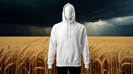 Blank hoodie mock-up is placed on a tall, slender mannequin with a neutral expression, standing solitary in the middle of a vast, golden wheat field that stretches towards the horizon.