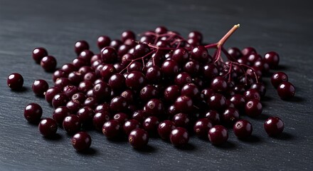Fresh Elderberries Scattered on Dark Slate Surface: Rich Purple Color and Natural Texture Highlight the Beauty of Wild Berries in a Modern, Artistic Food Photography Still Life