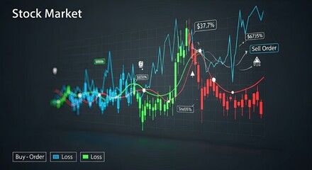 Dynamic stock market charts show trading trends, financial growth, and buy-sell orders in a modern digital interface.