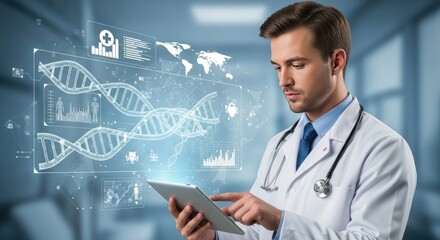 Confident doctor analyzes DNA data on tablet with futuristic medical interface displaying global health insights and genetic research