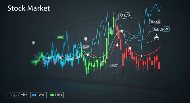 Dynamic stock market charts show trading trends, financial growth, and buy-sell orders in a modern digital interface.