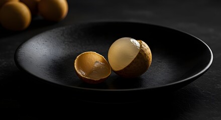 Ripe Longan with Translucent Flesh on Black Ceramic Plate: Moody Still Life Emphasizing Exotic Fruit’s Delicate Texture, Subtle Shine, and Elegant Presentation in Artistic Food Photography