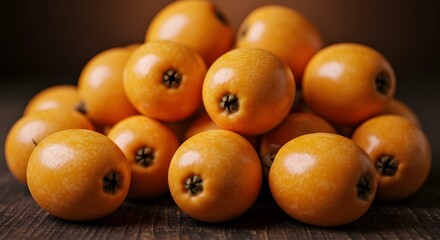 Fresh Loquats Arranged on Dark Textured Background: Warm Orange Tones and Soft Lighting Create an Inviting, Artistic Still Life Highlighting the Natural Beauty of Exotic Fruit