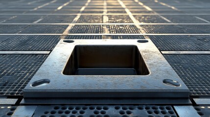 Metallic Square Access Cover in Grated Floor with Light Reflection