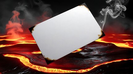 A blank white business card with a subtle sheen and crisp edges is suspended in mid-air, floating above a sea of molten lava with waves of fiery red and orange hues.