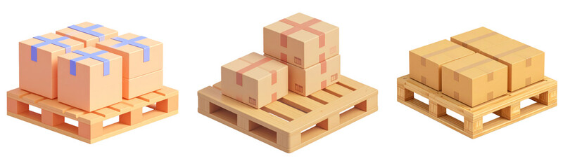 Pallet with cardboard boxes shipping packages wooden pallet logistics delivery warehouse storage cargo transportation 3D render isolated commercial export import distribution supply chain freight