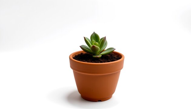 a small succulent plant in a brown pot, showing the simple beauty of nature. the green leaves contrast the brown pot perfectly