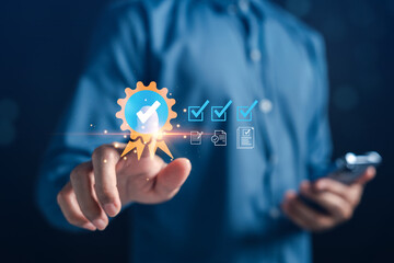 Business certification and quality assurance checklist. Man selecting verified approval with...