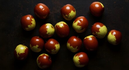Glossy Fresh Jujubes Scattered on Dark Brown Background: Moody Still Life Showcasing Shiny Highlights, Rich Color, and Natural Texture in Artistic, Contemporary Fruit Photography
