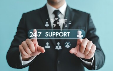 A man in a suit points at a glowing digital display showing "Virtual 24-7 Support Services" with data visualizations.