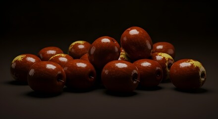 Glossy Fresh Jujubes Scattered on Dark Brown Background: Moody Still Life Showcasing Shiny Highlights, Rich Color, and Natural Texture in Artistic, Contemporary Fruit Photography