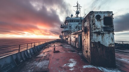 Rusty Ship Deck Under Dramatic Sunset Over Calm Ocean Waters