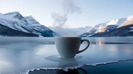 Delicate blank white coffee cup is placed on the icy edge of a vast frozen lake, its surface adorned with a subtle sheen of frost, against the breathtaking backdrop of snow-covered mountains.