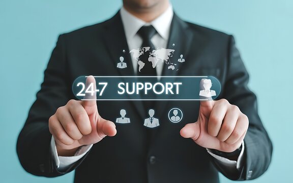 A man in a suit points at a glowing digital display showing "Virtual 24-7 Support Services" with data visualizations.