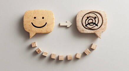 Two emotions. Wooden cubes. On a light white background. Smile and sad speech bubble on a blue background. Happy or sad emotions concept. Customer feedback or mood change.