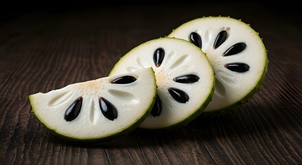 Sliced Soursop with White Flesh and Black Seeds on Dark Table: Exotic Tropical Fruit Display Highlighting Freshness, Unique Texture, and Vibrant Contrast in Modern Food Photography
