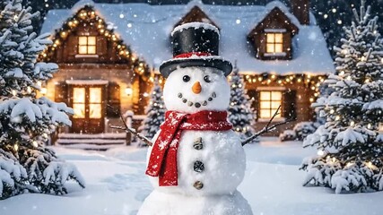 A snowman with a top hat and red scarf stands in front of a snowcovered house adorned with Christmas lights - Powered by Adobe