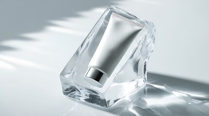 A highly detailed white cosmetic tube mock-up is frozen inside a crystal-clear block of ice, positioned on a clean and pristine white background, with intricate details of ice.
